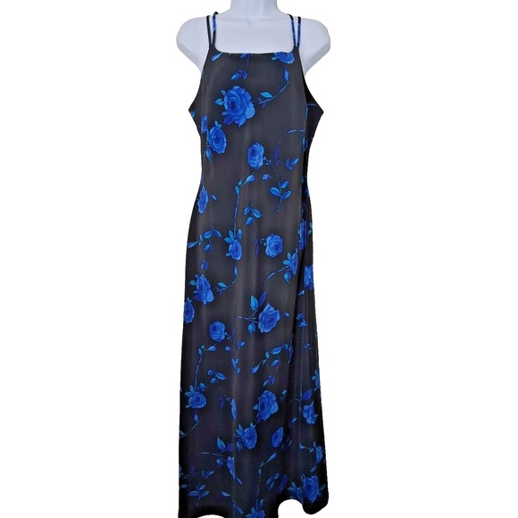 Y2K‎ 90's Black Strappy Floral Maxi Dress Whimsigoth Prom Dress Size 13/14 Fairy - Picture 1 of 11